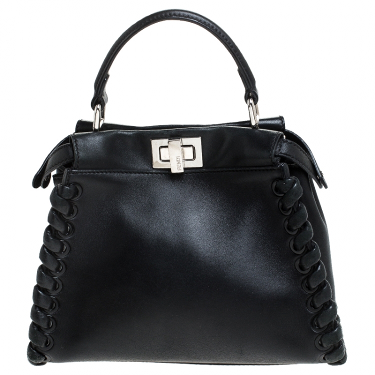 Pre Owned Fendi Black Leather Mini Whipstitched Peekaboo Top Handle Bag                  