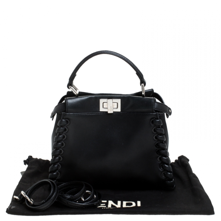 Pre Owned Fendi Black Leather Mini Whipstitched Peekaboo Top Handle Bag                  