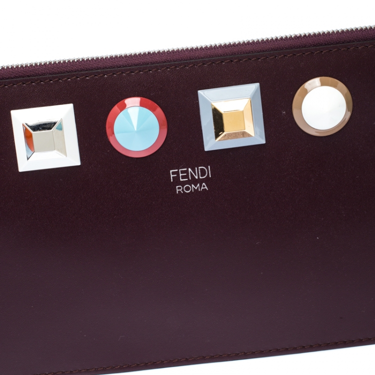 Pre Owned Fendi Dark Burgundy Leather Rainbow Studded Wristlet Clutch
