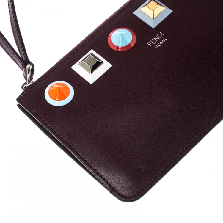 Pre Owned Fendi Dark Burgundy Leather Rainbow Studded Wristlet Clutch