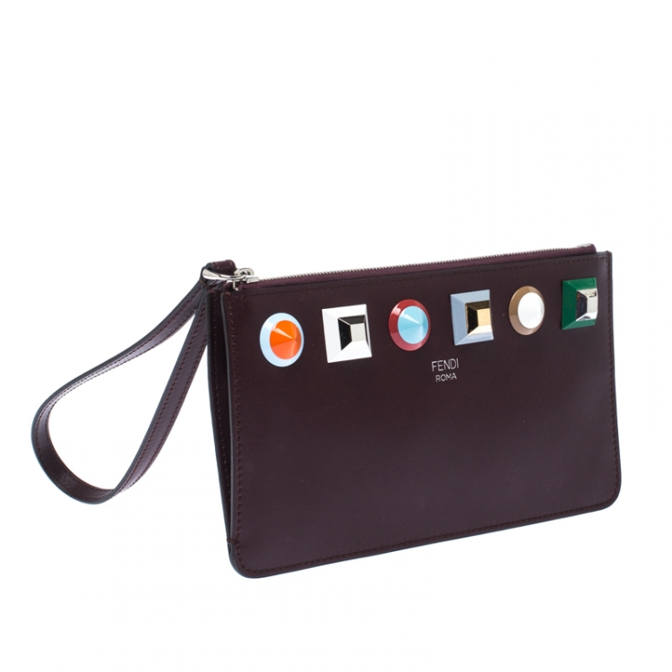 Pre Owned Fendi Dark Burgundy Leather Rainbow Studded Wristlet Clutch