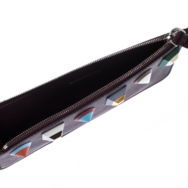 Pre Owned Fendi Dark Burgundy Leather Rainbow Studded Wristlet Clutch