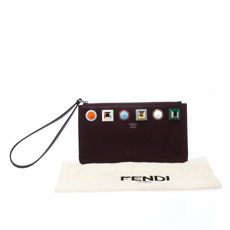 Pre Owned Fendi Dark Burgundy Leather Rainbow Studded Wristlet Clutch