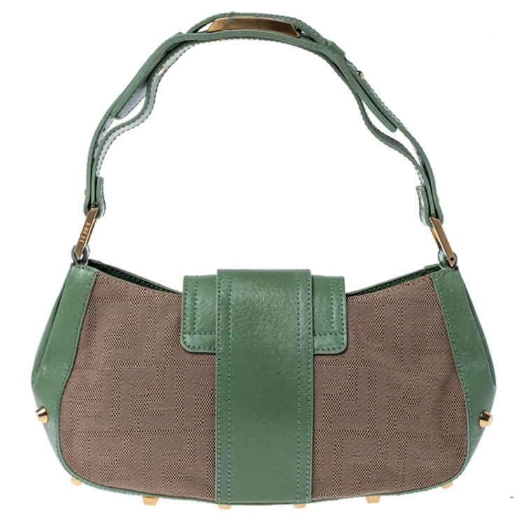 Pre Owned Fendi Beige/Green Zucca Canvas and Leather Baguette Shoulder Bag