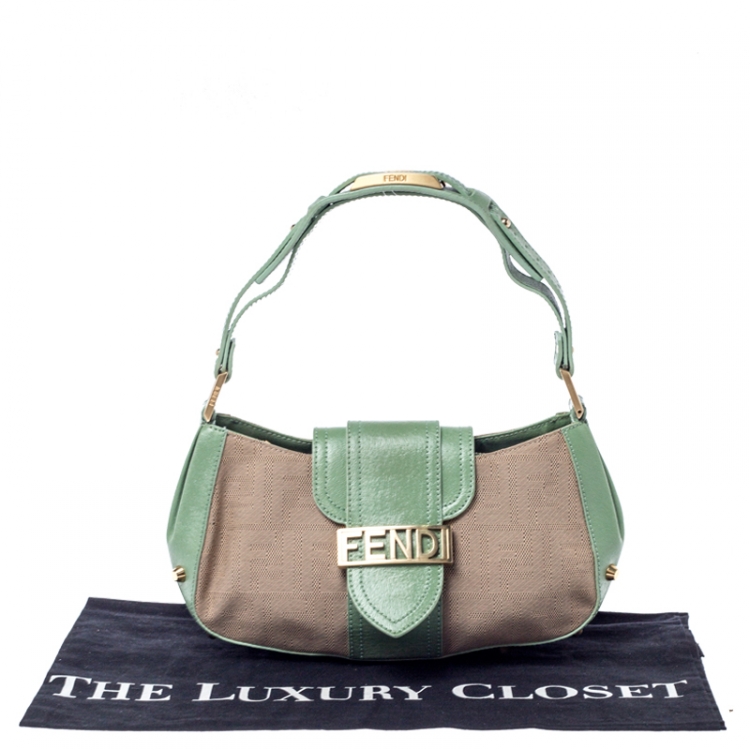 Pre Owned Fendi Beige/Green Zucca Canvas and Leather Baguette Shoulder Bag