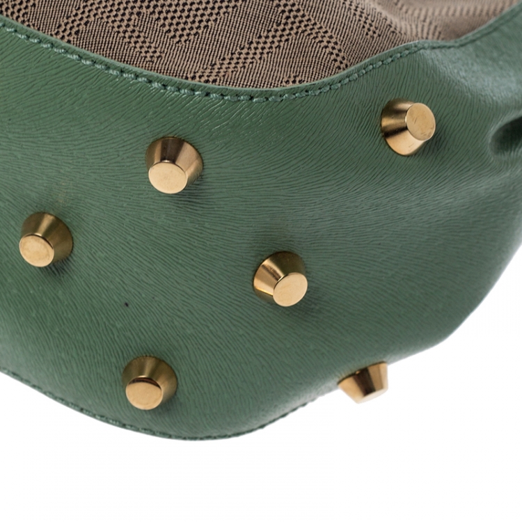 Pre Owned Fendi Beige/Green Zucca Canvas and Leather Baguette Shoulder Bag