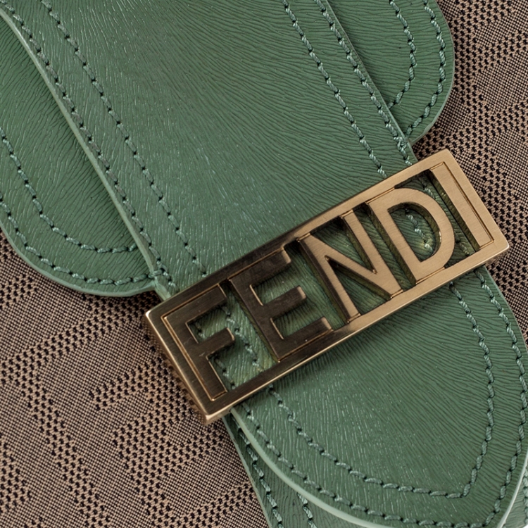 Pre Owned Fendi Beige/Green Zucca Canvas and Leather Baguette Shoulder Bag