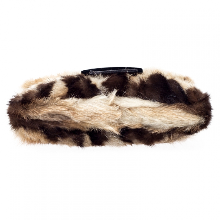 Pre Owned Fendi Beige/Brown Fur Forever Baguette Shoulder Bag