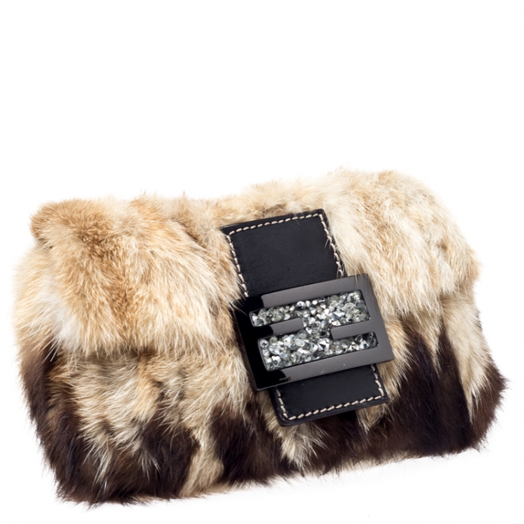 Pre Owned Fendi Beige/Brown Fur Forever Baguette Shoulder Bag