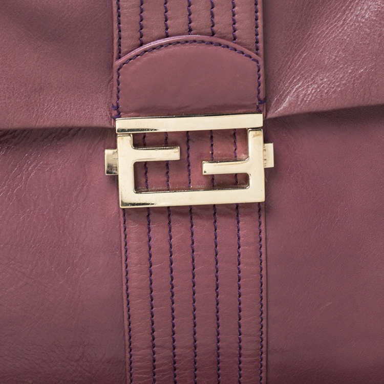 Pre Owned Fendi Purple Leather Maxi Baguette Flap Shoulder Bag