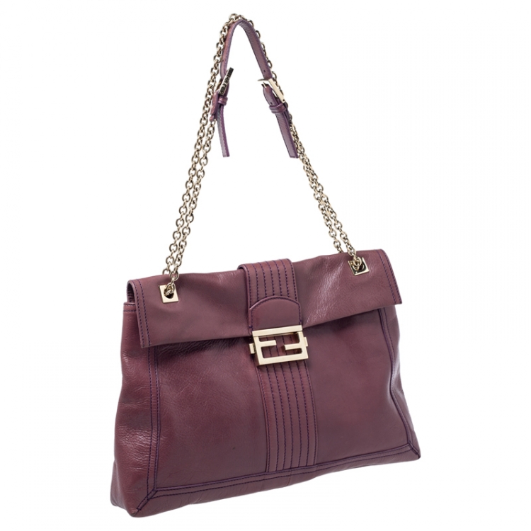 Pre Owned Fendi Purple Leather Maxi Baguette Flap Shoulder Bag