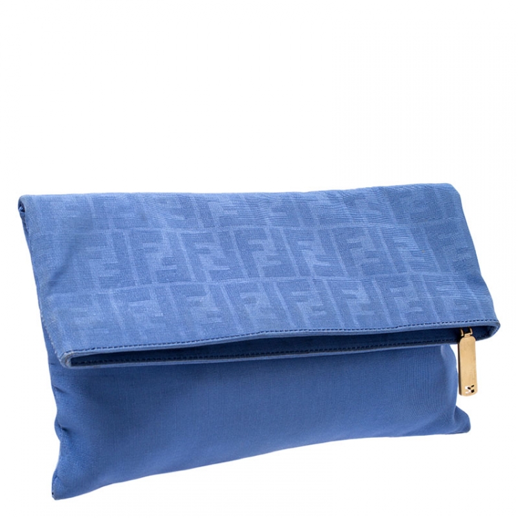 Pre Owned Fendi Blue Zucca Canvas Chameleon Fold-Over Clutch