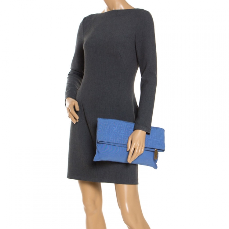 Pre Owned Fendi Blue Zucca Canvas Chameleon Fold-Over Clutch
