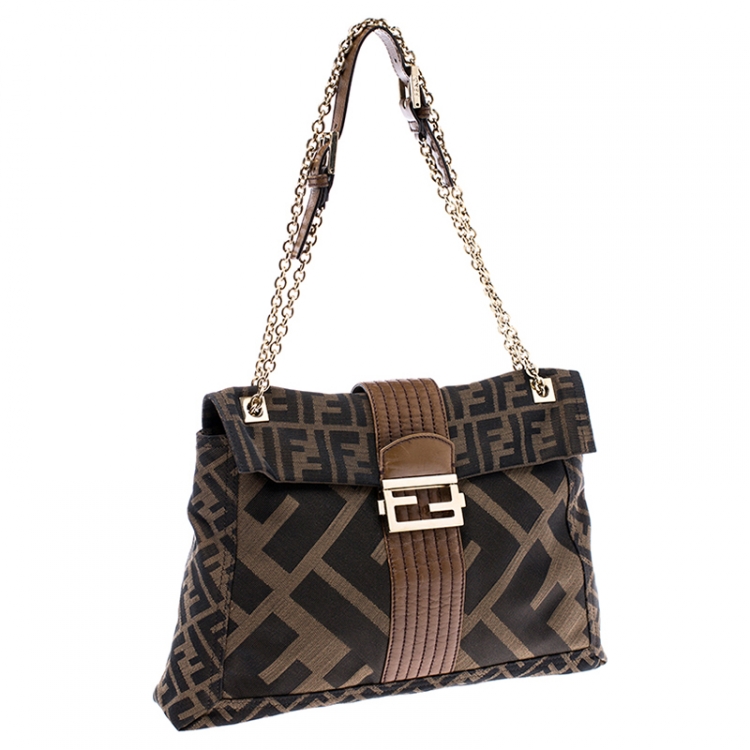 Pre Owned Fendi Tobacco Zucca Canvas Maxi Baguette Flap Shoulder Bag