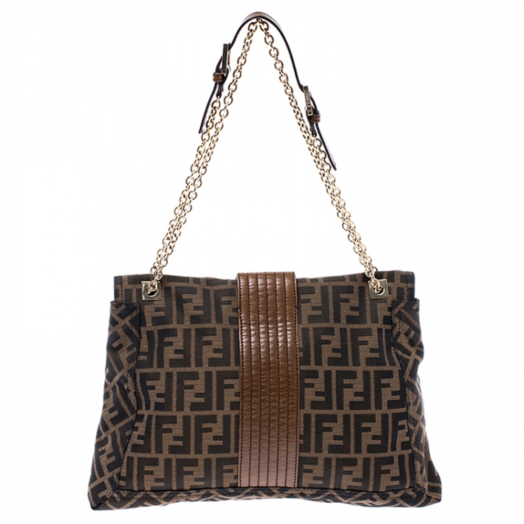 Pre Owned Fendi Tobacco Zucca Canvas Maxi Baguette Flap Shoulder Bag