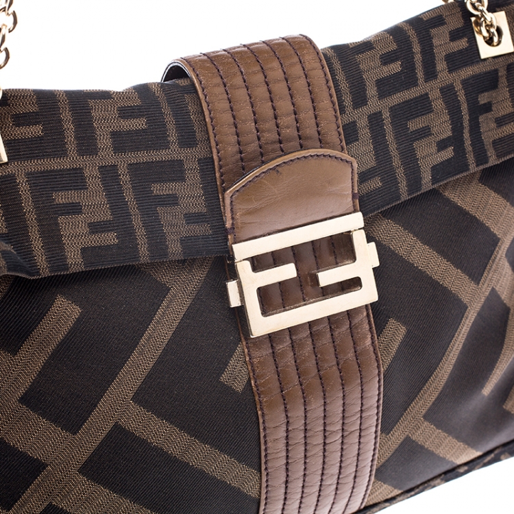 Pre Owned Fendi Tobacco Zucca Canvas Maxi Baguette Flap Shoulder Bag