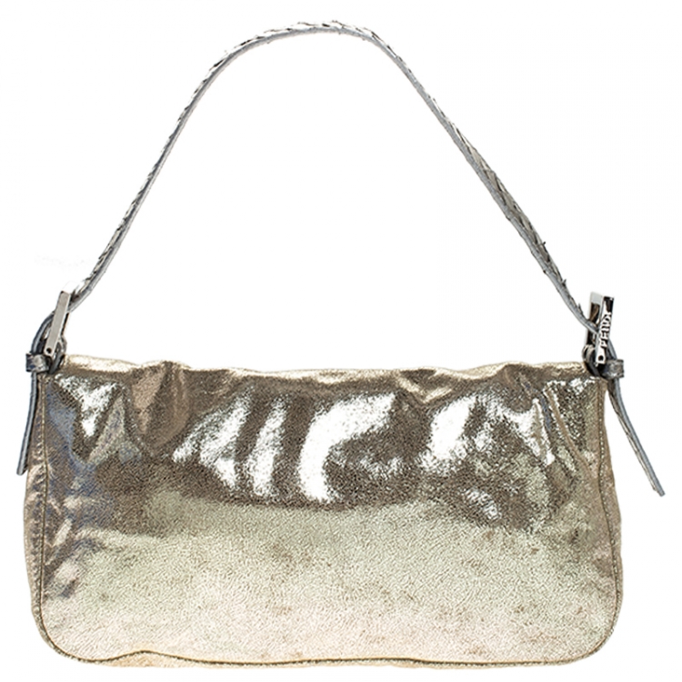 Pre Owned Fendi Gold Faux Leather Baguette Shoulder Bag