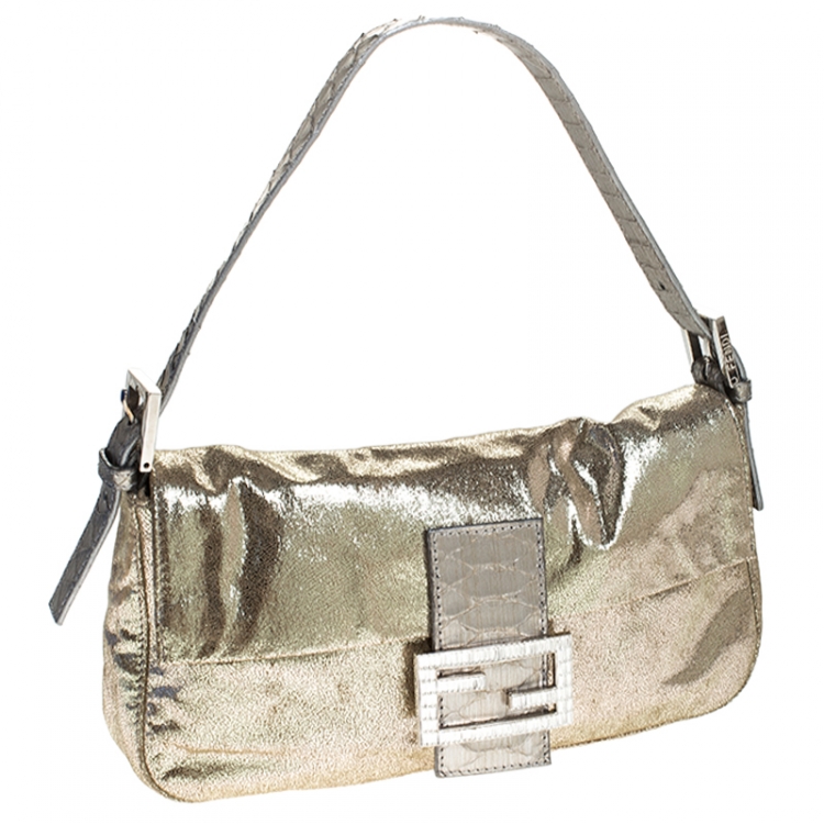 Pre Owned Fendi Gold Faux Leather Baguette Shoulder Bag