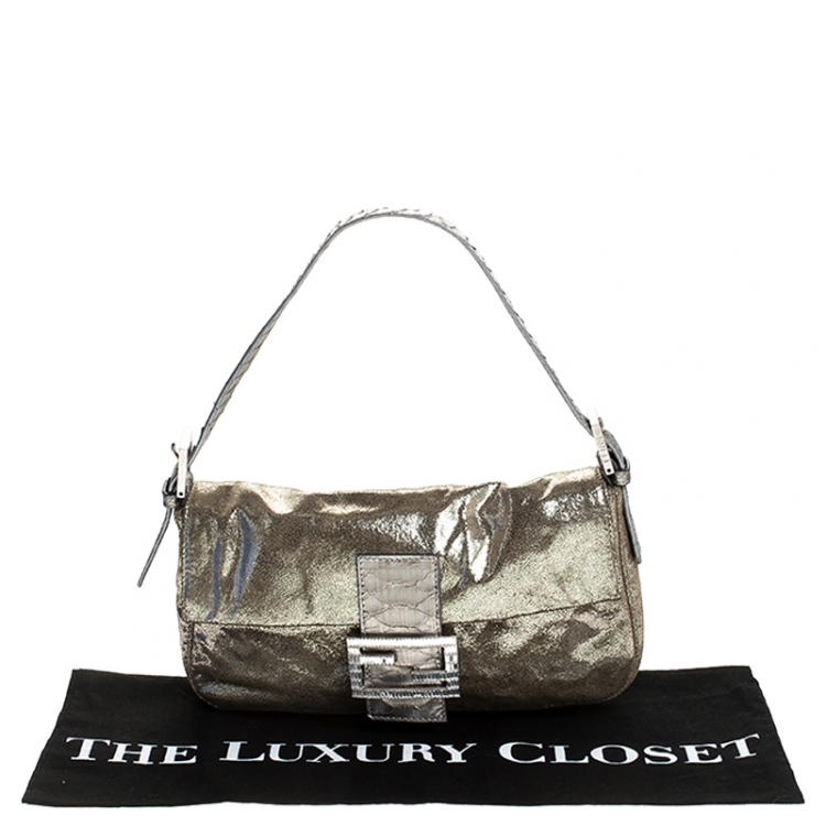 Pre Owned Fendi Gold Faux Leather Baguette Shoulder Bag