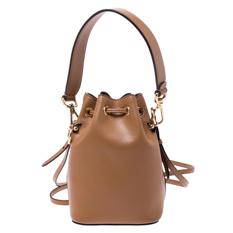 Pre Owned Fendi Brown Leather Mini Mon Tresor Drawstring Bucket Bag