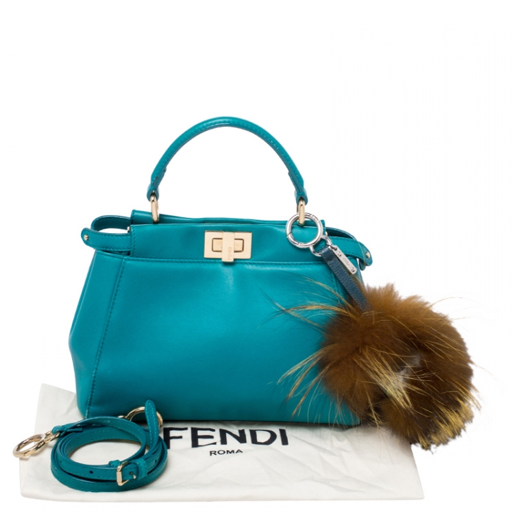 Pre Owned Fendi Turquoise Leather Mini Peekaboo Top Handle Bag