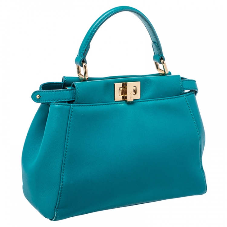 Pre Owned Fendi Turquoise Leather Mini Peekaboo Top Handle Bag