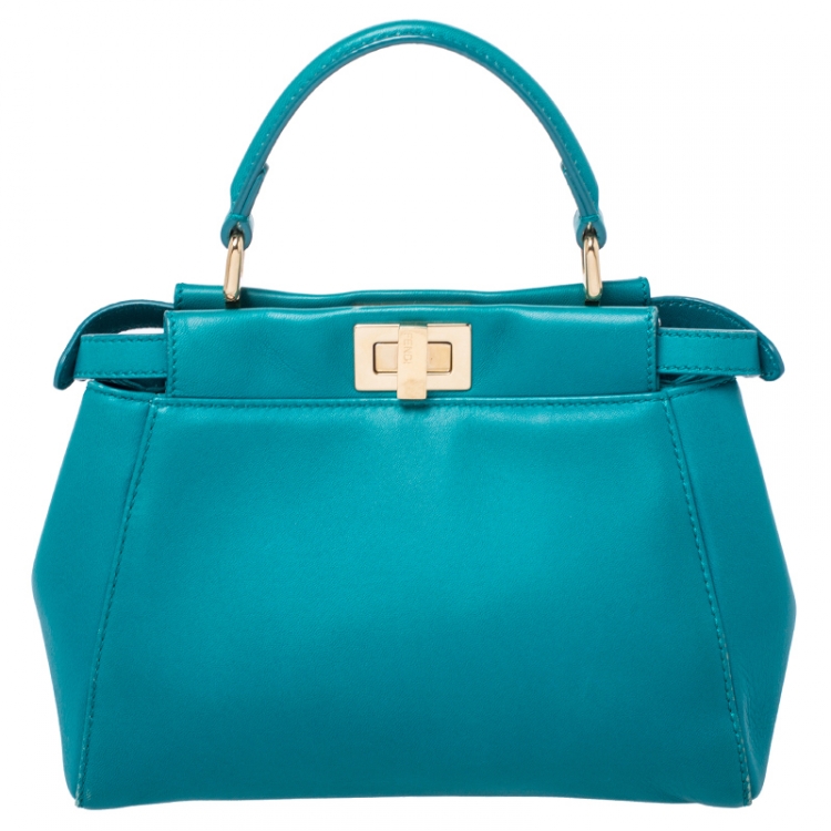 Pre Owned Fendi Turquoise Leather Mini Peekaboo Top Handle Bag