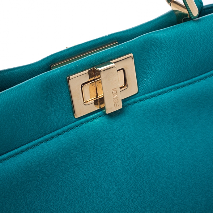 Pre Owned Fendi Turquoise Leather Mini Peekaboo Top Handle Bag