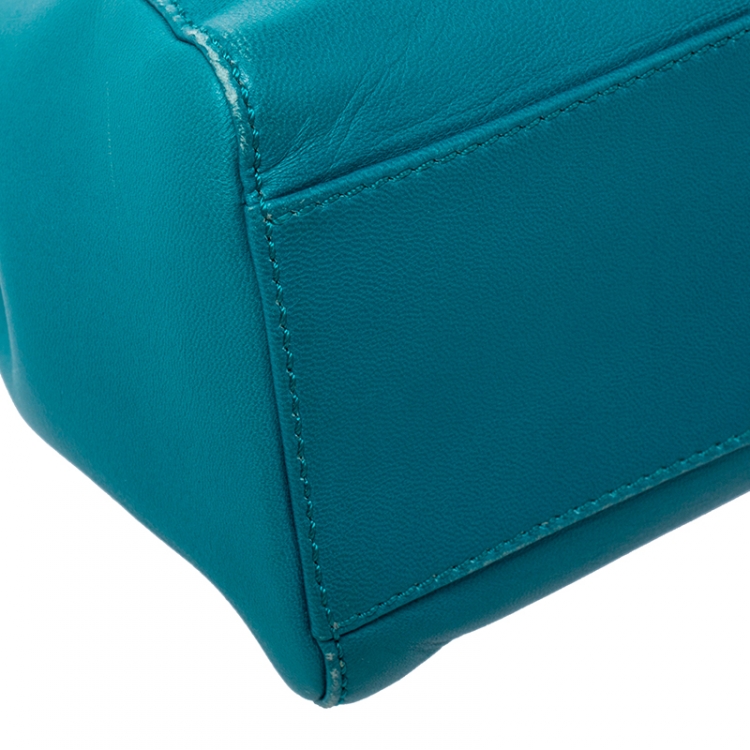 Pre Owned Fendi Turquoise Leather Mini Peekaboo Top Handle Bag