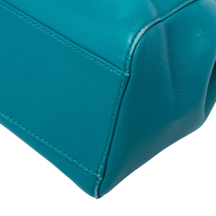 Pre Owned Fendi Turquoise Leather Mini Peekaboo Top Handle Bag