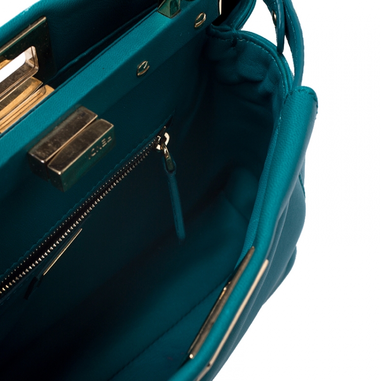 Pre Owned Fendi Turquoise Leather Mini Peekaboo Top Handle Bag