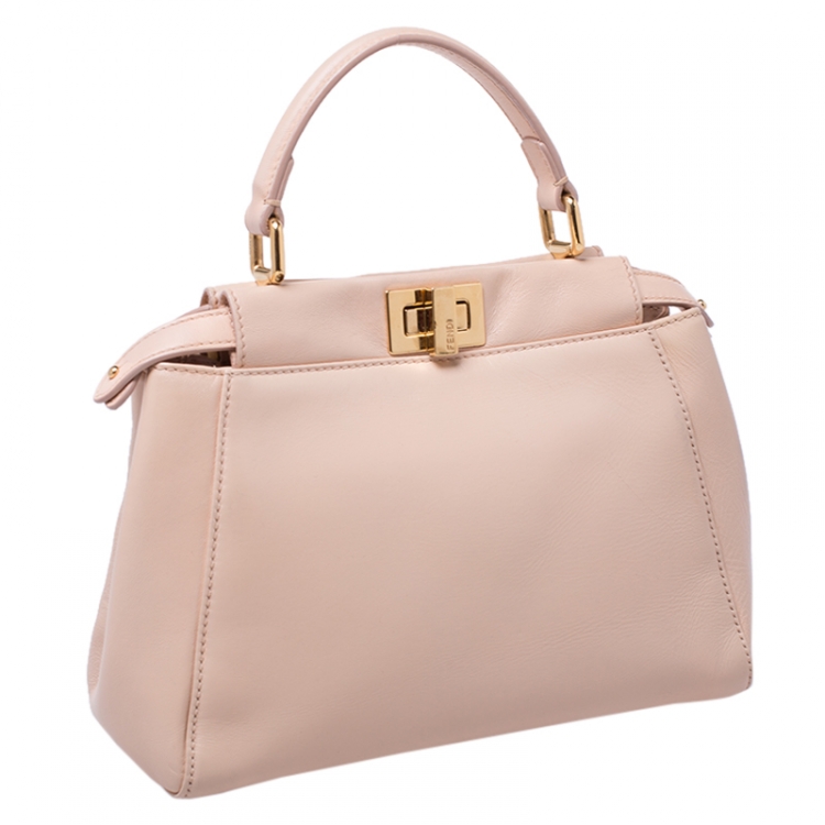 Pre Owned Fendi Peach Leather Mini Peekaboo Top Handle Bag