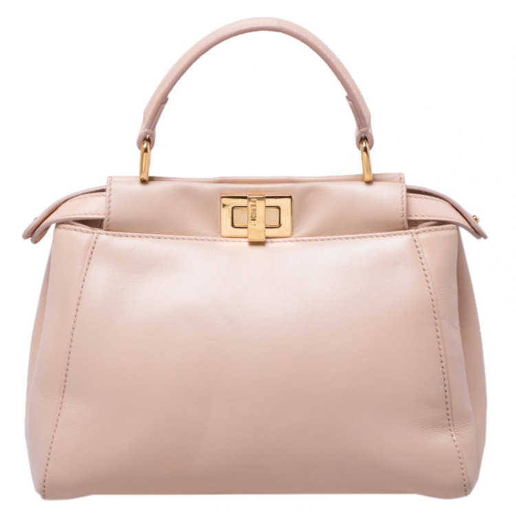 Pre Owned Fendi Peach Leather Mini Peekaboo Top Handle Bag