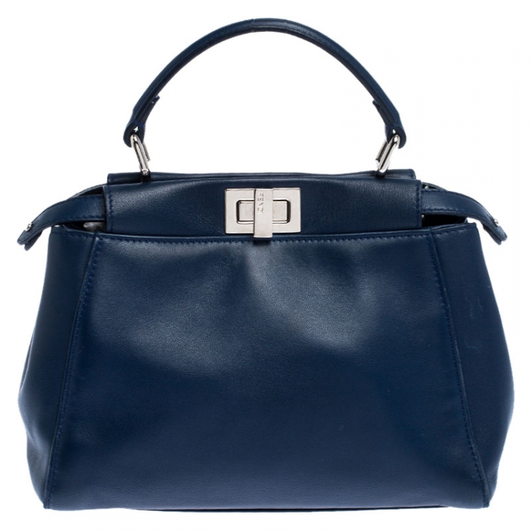 Pre Owned Fendi Blue Leather Mini Peekaboo Top Handle Bag