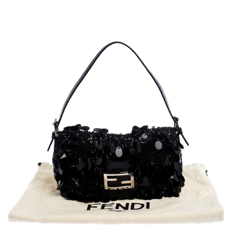 Pre Owned Fendi Black Sequins/Beaded Leather Baguette Shoulder Bag