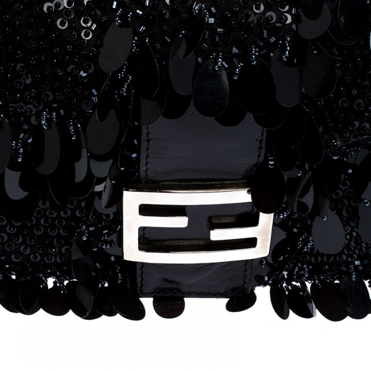 Pre Owned Fendi Black Sequins/Beaded Leather Baguette Shoulder Bag