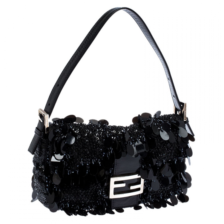 Pre Owned Fendi Black Sequins/Beaded Leather Baguette Shoulder Bag