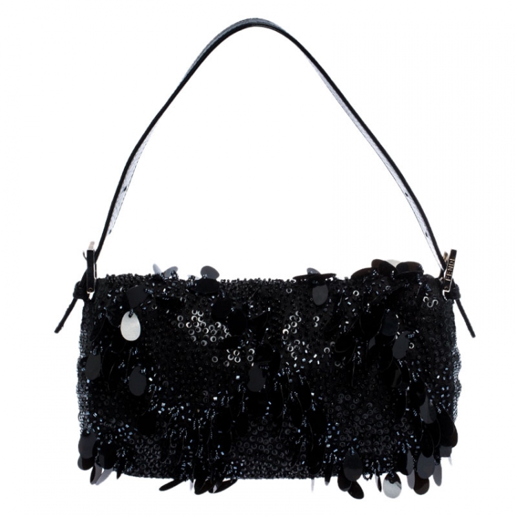 Pre Owned Fendi Black Sequins/Beaded Leather Baguette Shoulder Bag