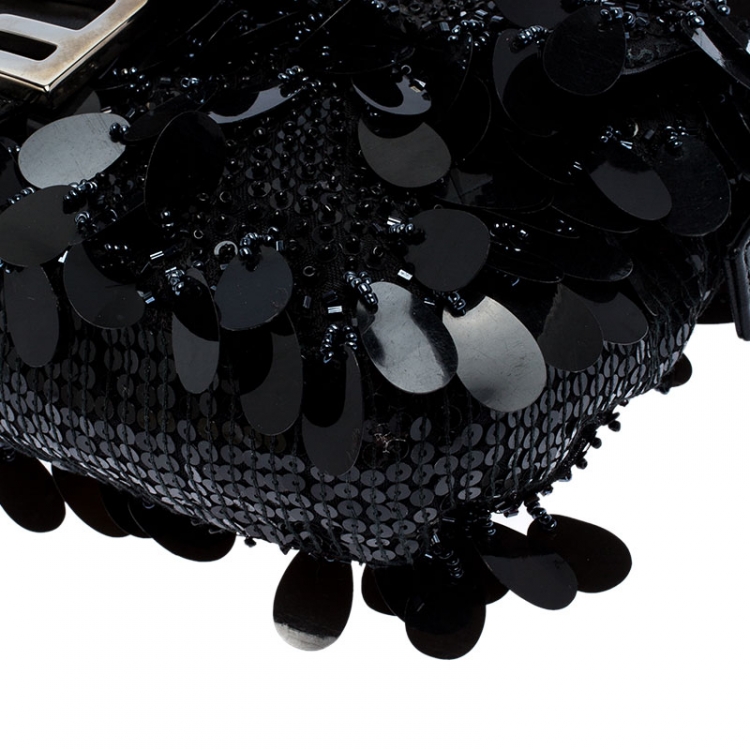 Pre Owned Fendi Black Sequins/Beaded Leather Baguette Shoulder Bag