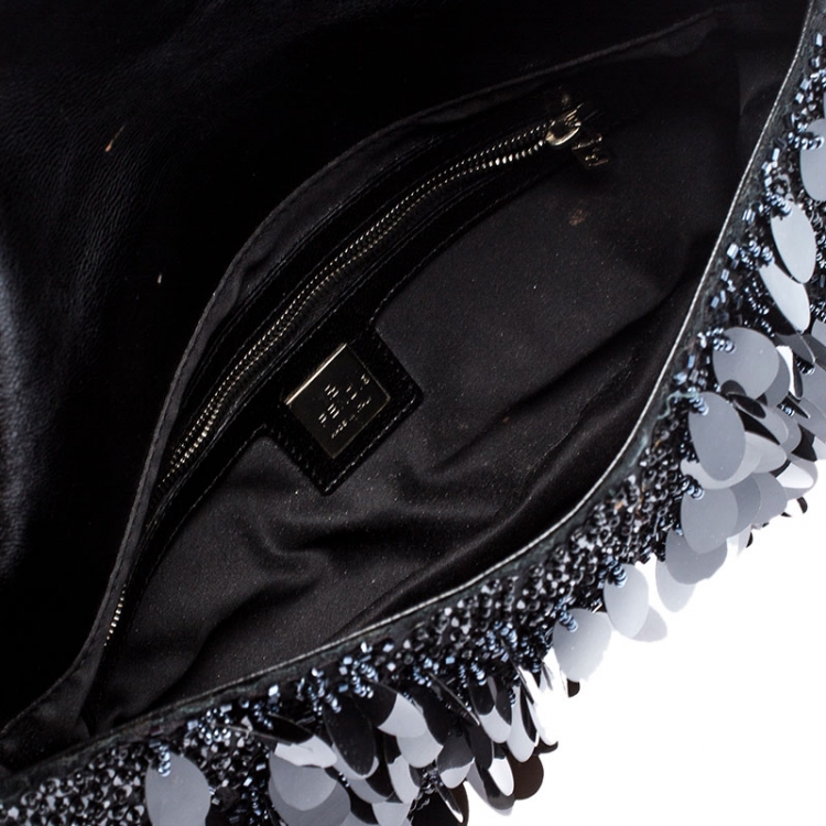 Pre Owned Fendi Black Sequins/Beaded Leather Baguette Shoulder Bag