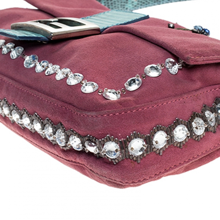 Pre Owned Fendi Pink Suede Crystal Embellished Mama Baguette