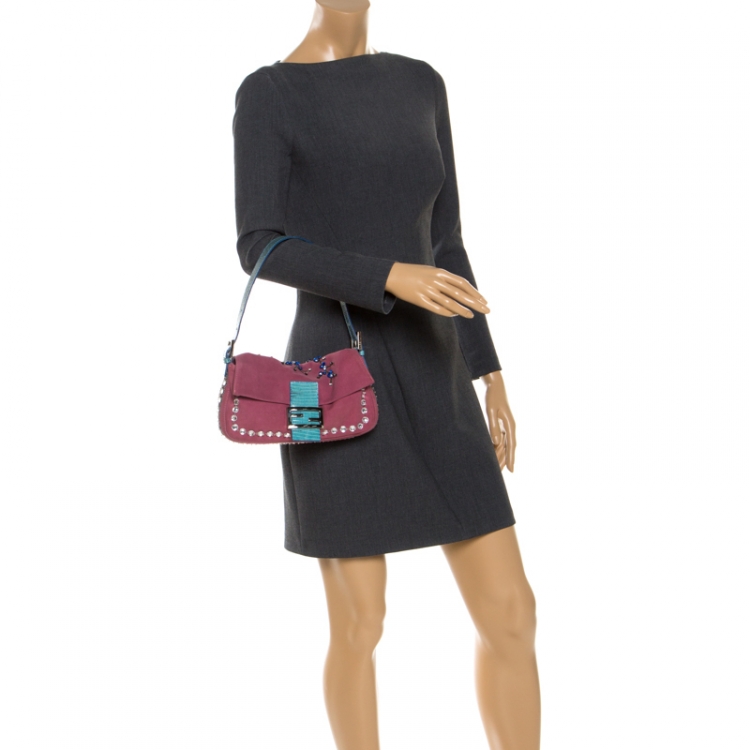 Pre Owned Fendi Pink Suede Crystal Embellished Mama Baguette