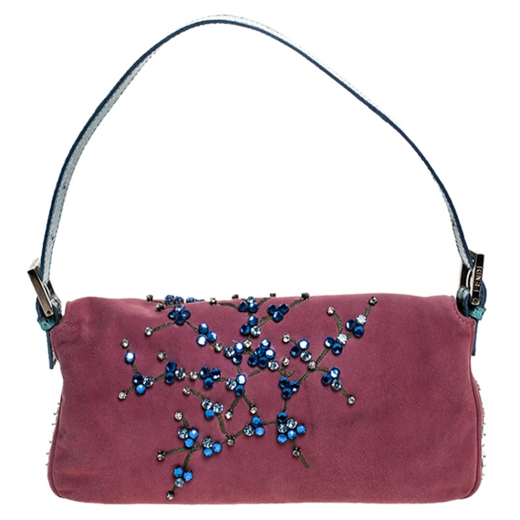 Pre Owned Fendi Pink Suede Crystal Embellished Mama Baguette