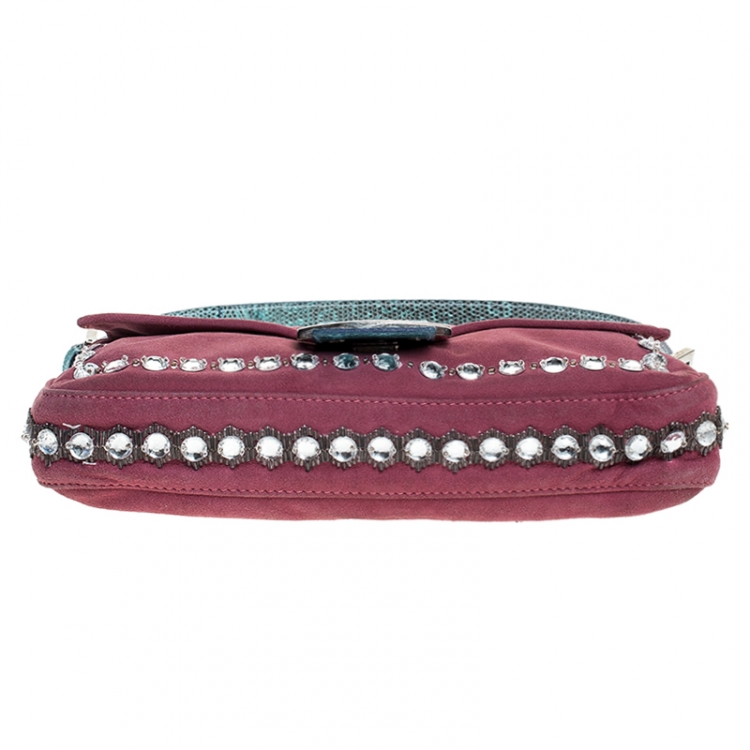 Pre Owned Fendi Pink Suede Crystal Embellished Mama Baguette