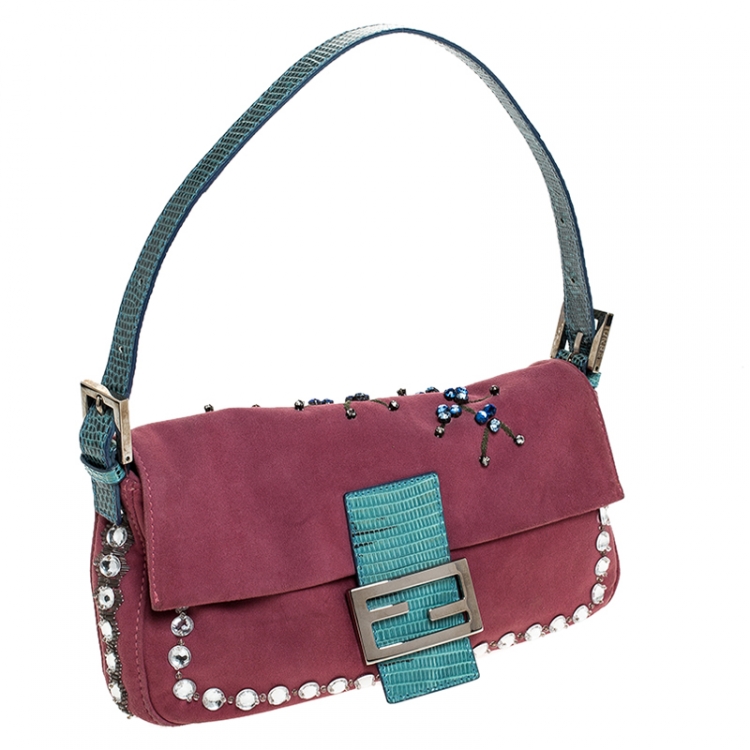 Pre Owned Fendi Pink Suede Crystal Embellished Mama Baguette