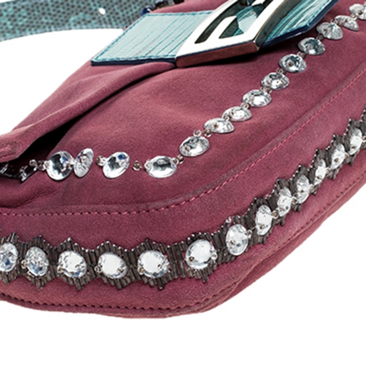 Pre Owned Fendi Pink Suede Crystal Embellished Mama Baguette