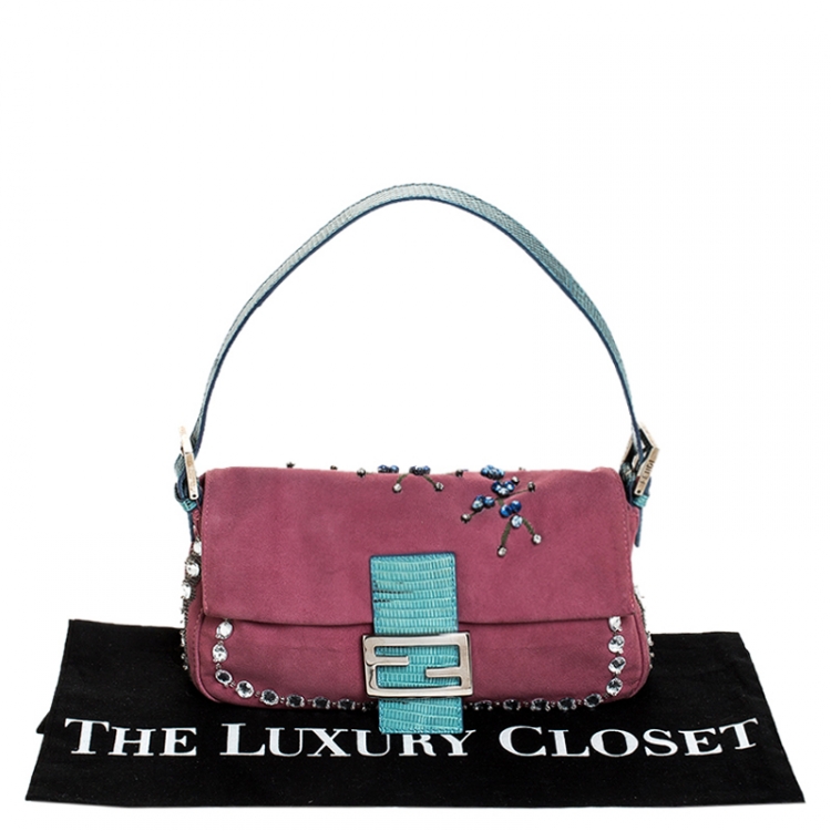 Pre Owned Fendi Pink Suede Crystal Embellished Mama Baguette