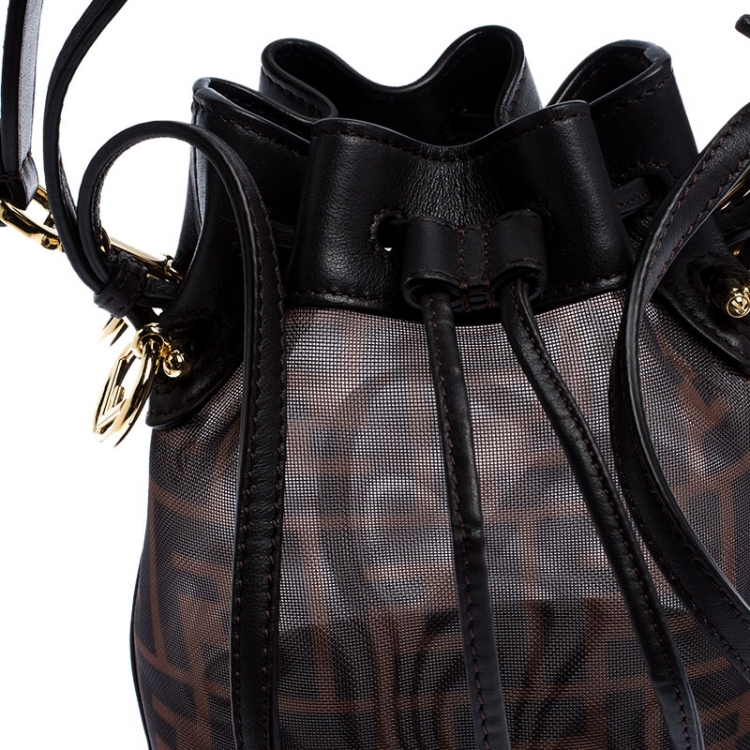Pre Owned FENDI Brown Mesh Mini Mon Tresor Drawstring Bucket Bag 