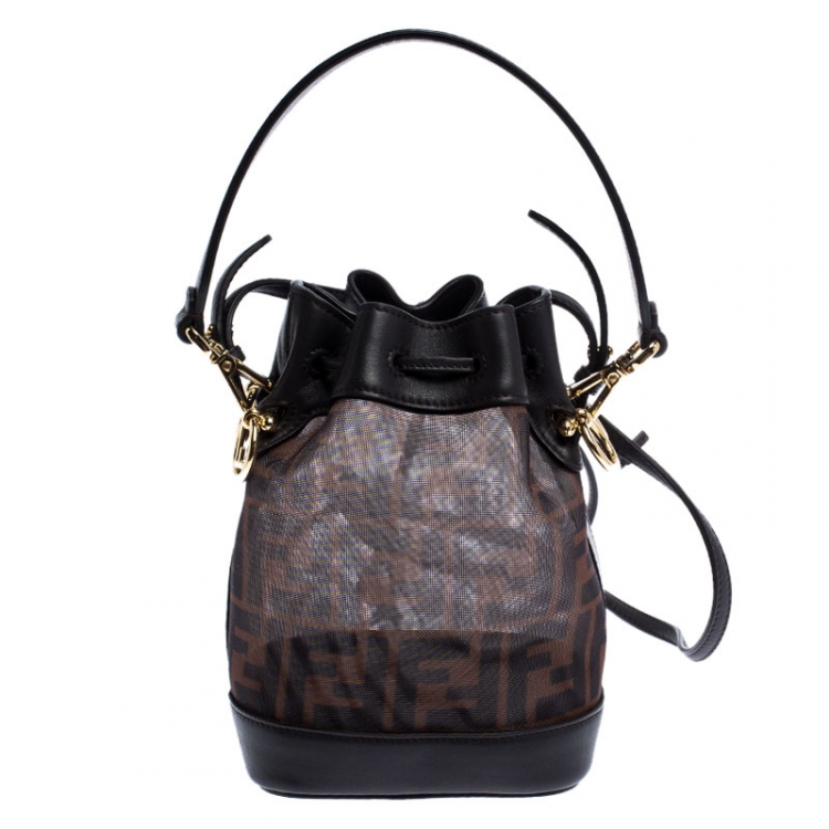 Pre Owned FENDI Brown Mesh Mini Mon Tresor Drawstring Bucket Bag 