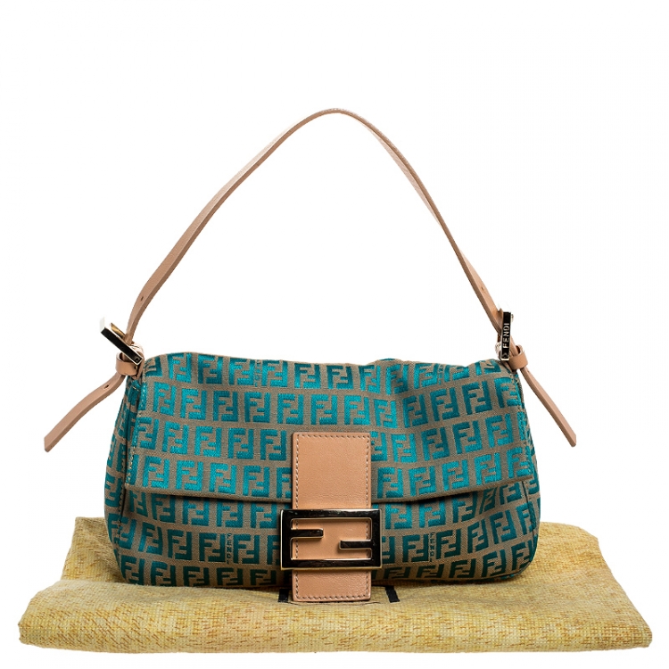 Pre Owned Fendi Blue/Beige Zucchino Canvas Mama Baguette Shoulder Bag